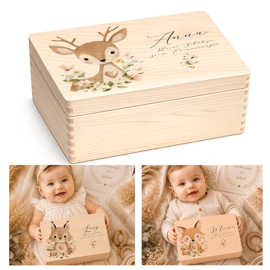 Personalisierte Erinnerungsbox aus Holz mit Namen – Süße Waldtiere Motive im Boho-Stil – Erinnerungskiste zur Geburt & Taufe