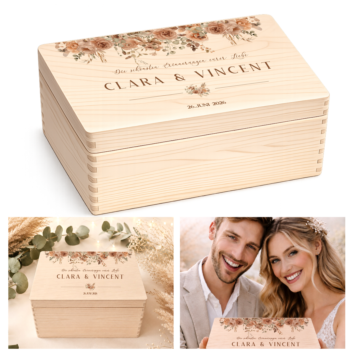 Personalisierte Erinnerungskiste Hochzeit mit Namen & Datum | Hochzeitsgeschenk Brautpaar | Holzbox Hochzeit | Geldgeschenk Hochzeit Liebe