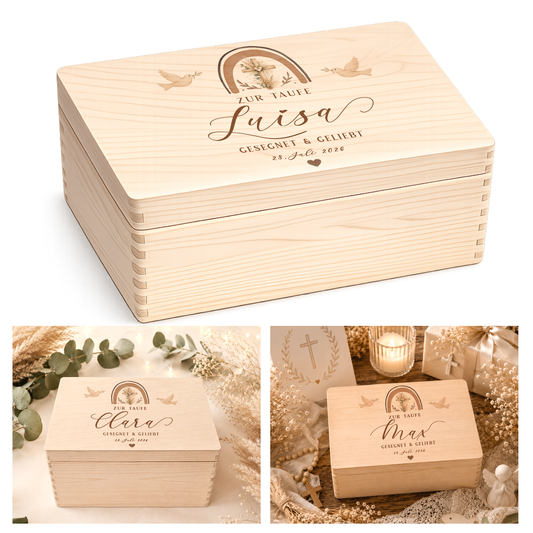 Personalisierte Erinnerungskiste Taufe mit Namen & Datum | Taufgeschenk Mädchen Junge | Holzbox Taufe | Geschenk zur Taufe Erinnerungsbox