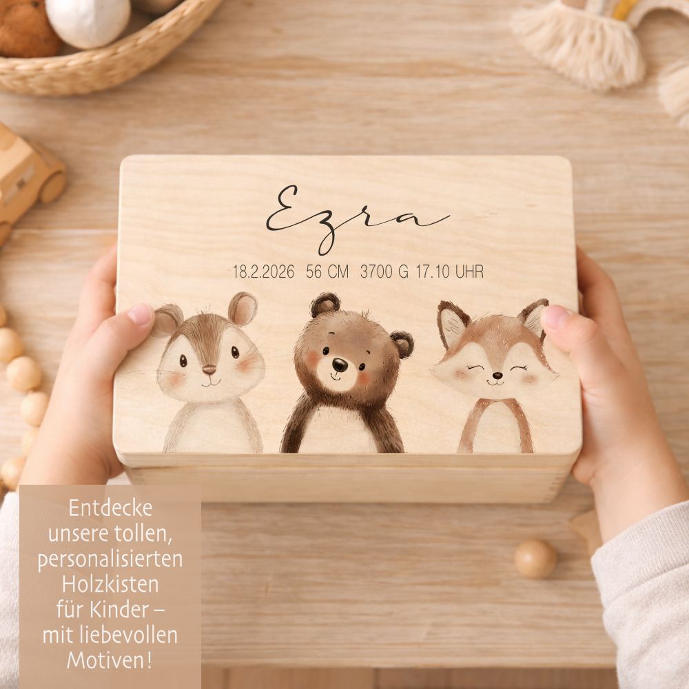 Personalisierte Holzkiste mit Name – Erinnerungskiste für Baby & Kind – Geschenk zur Geburt oder Taufe – 2 Motive & 2 Größen