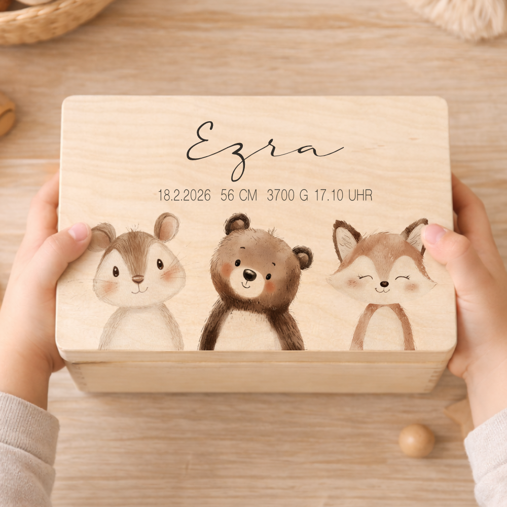 Personalisierte Holzkiste mit Name – Erinnerungskiste für Baby & Kind – Geschenk zur Geburt oder Taufe – 2 Motive & 2 Größen
