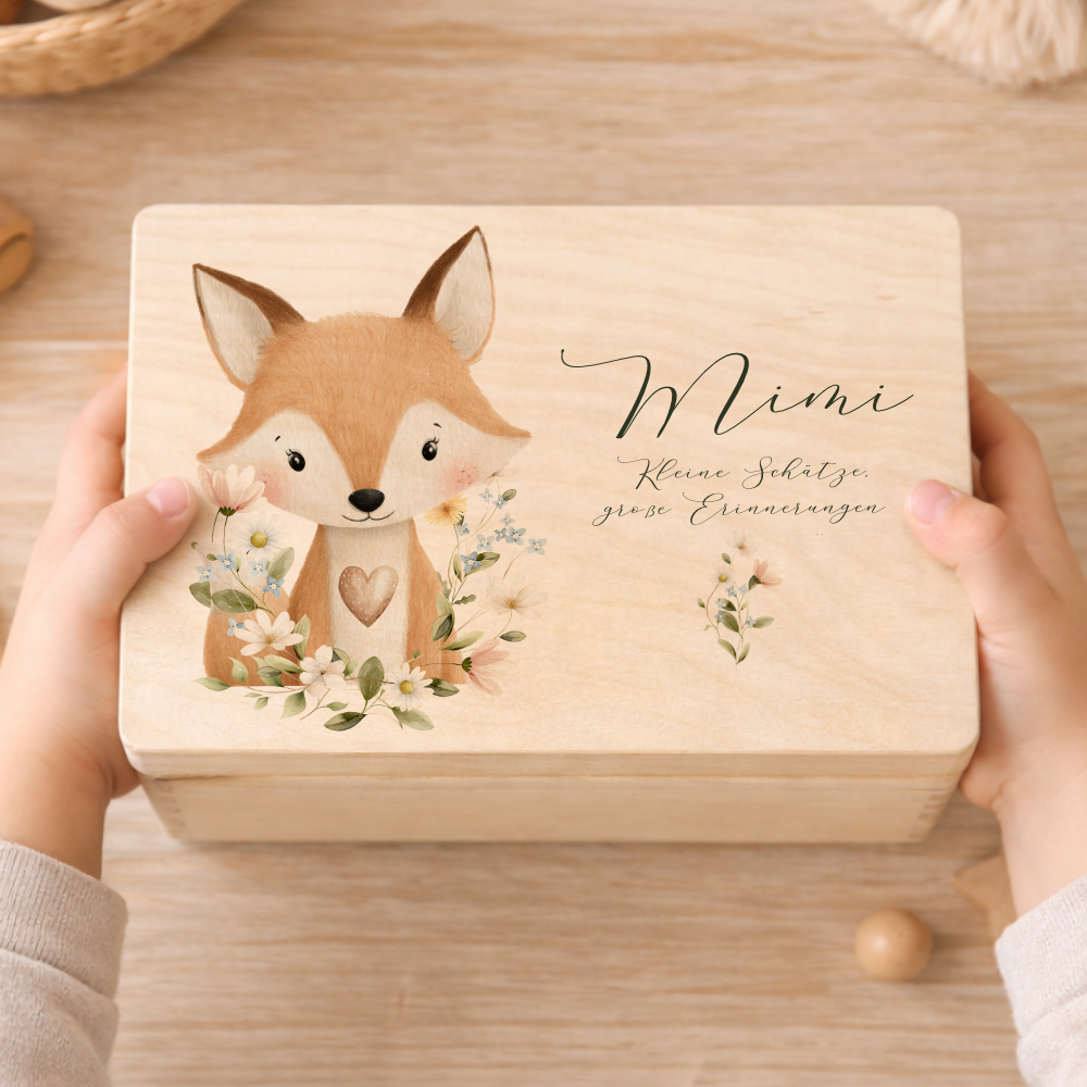 Personalisierte Erinnerungsbox aus Holz mit Namen – Süße Waldtiere Motive im Boho-Stil – Erinnerungskiste zur Geburt & Taufe