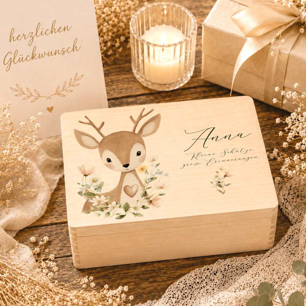 Personalisierte Erinnerungsbox aus Holz mit Namen – Süße Waldtiere Motive im Boho-Stil – Erinnerungskiste zur Geburt & Taufe