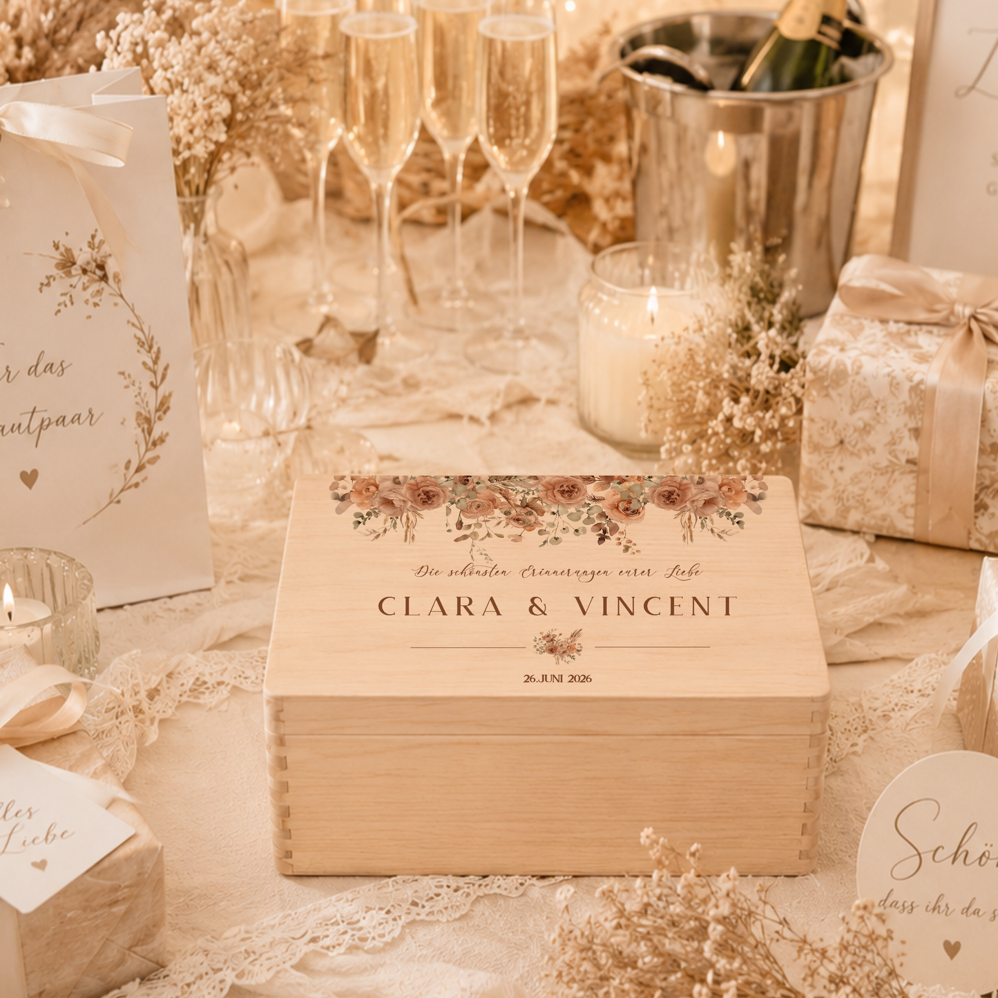 Personalisierte Erinnerungskiste Hochzeit mit Namen & Datum | Hochzeitsgeschenk Brautpaar | Holzbox Hochzeit | Geldgeschenk Hochzeit Liebe