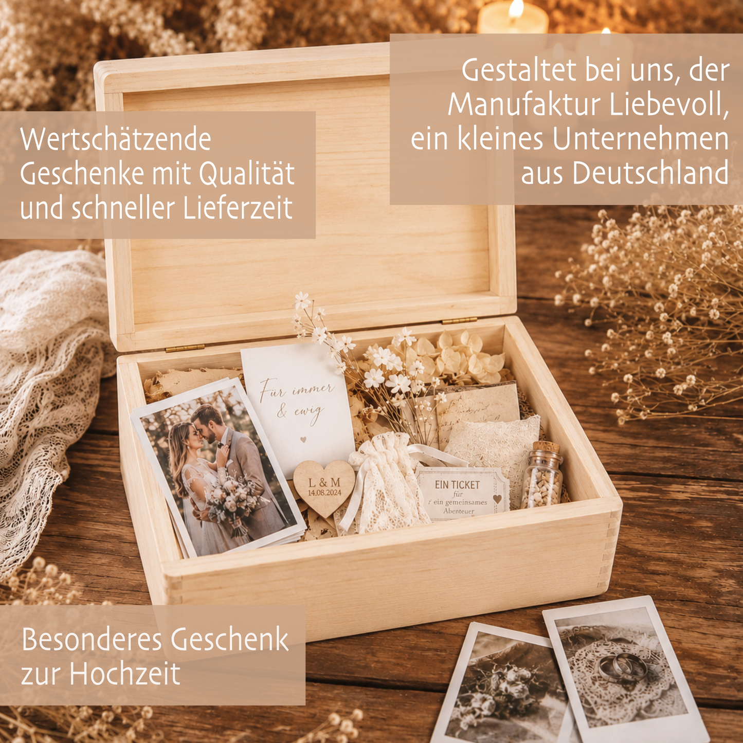 Personalisierte Erinnerungskiste Hochzeit mit Namen & Datum | Hochzeitsgeschenk Brautpaar | Holzbox Hochzeit | Geldgeschenk Hochzeit Liebe