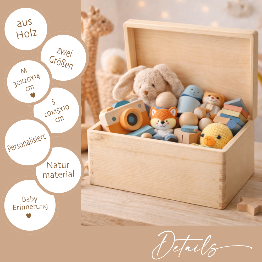 Personalisierte Holzkiste mit Name – Erinnerungskiste für Baby & Kind – Geschenk zur Geburt oder Taufe – 2 Motive & 2 Größen