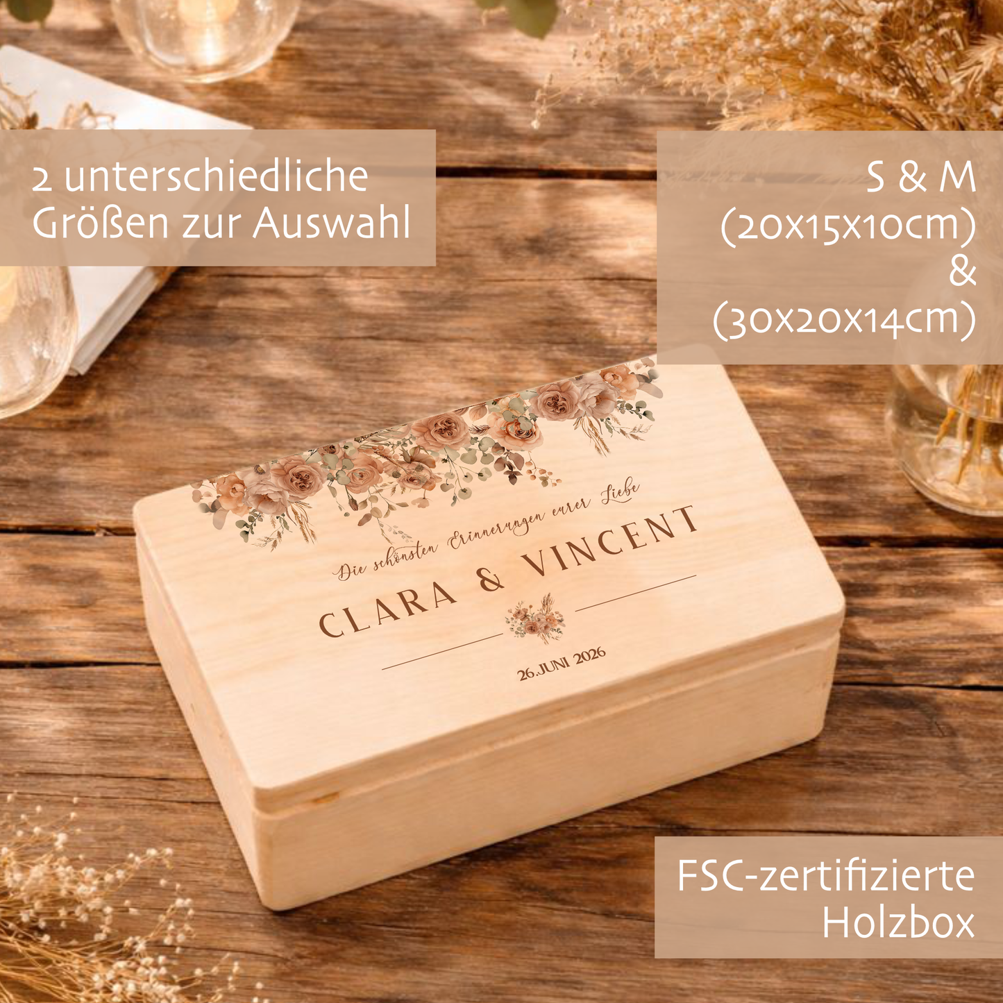 Personalisierte Erinnerungskiste Hochzeit mit Namen & Datum | Hochzeitsgeschenk Brautpaar | Holzbox Hochzeit | Geldgeschenk Hochzeit Liebe