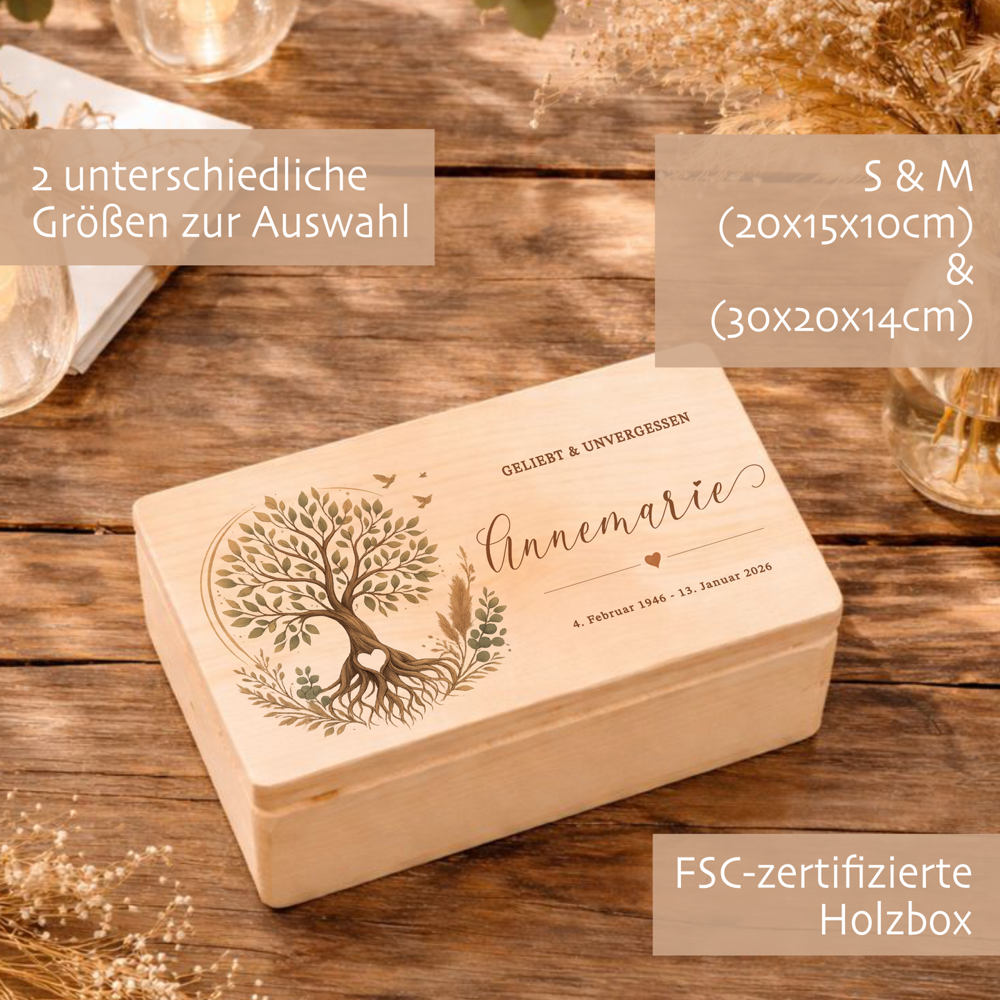 Personalisierte Erinnerungskiste Trauer mit Namen & Lebensdaten | Erinnerungsbox Verstorbene | Gedenkbox Holz | Andenken an geliebten Menschen | Trauergeschenk