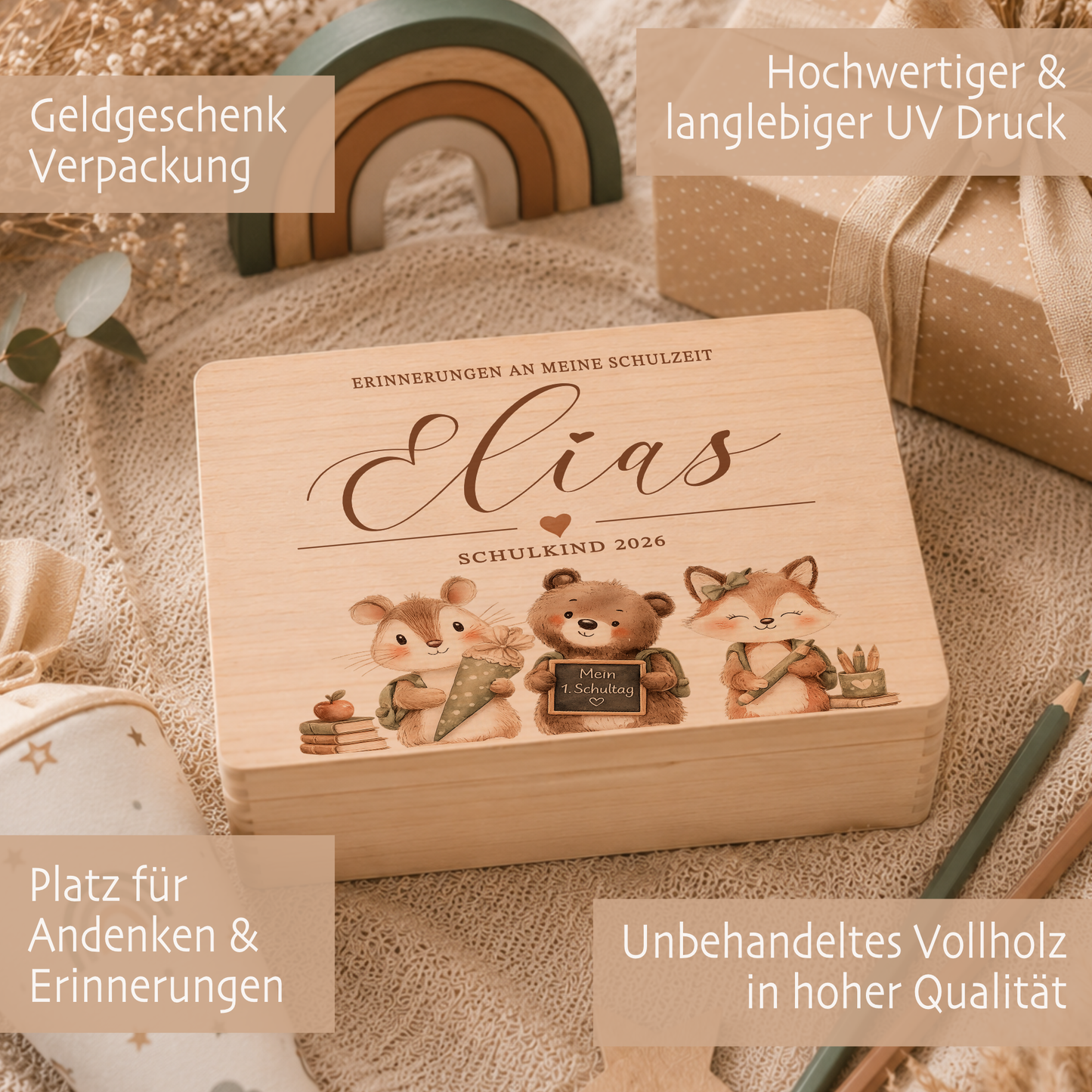 Erinnerungskiste Einschulung mit Namen | Schulkind 2026 | Personalisierte Holzbox