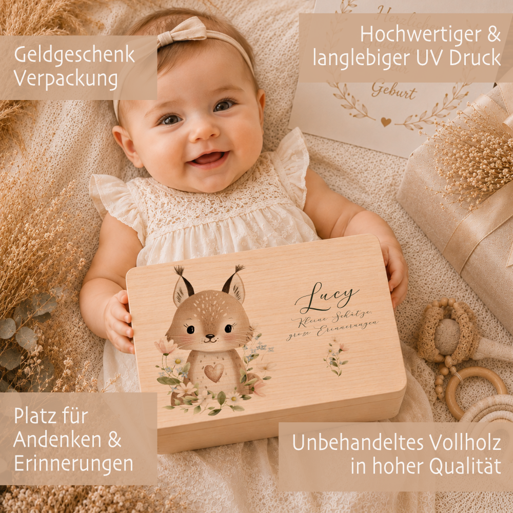 Personalisierte Erinnerungsbox aus Holz mit Namen – Süße Waldtiere Motive im Boho-Stil – Erinnerungskiste zur Geburt & Taufe