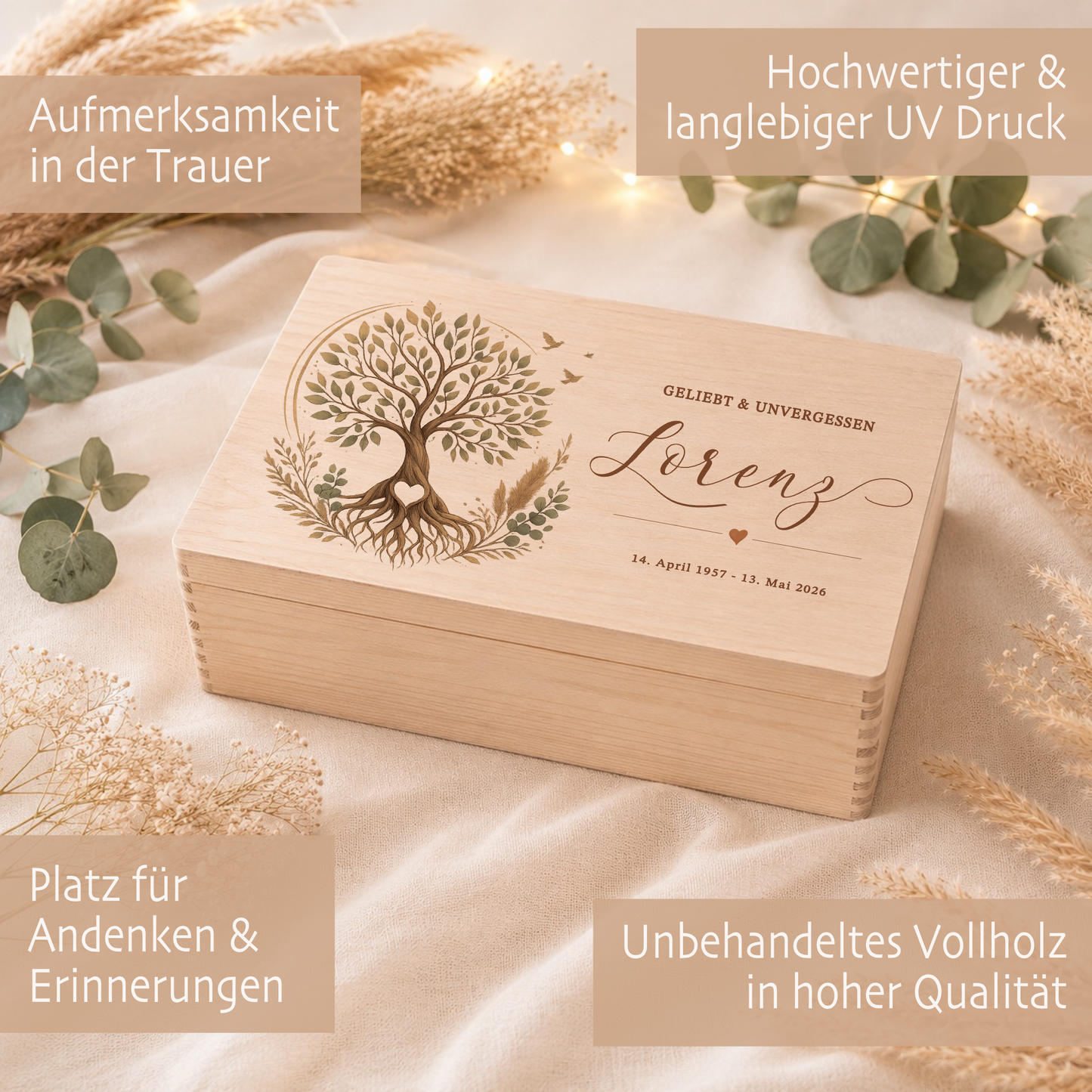 Personalisierte Erinnerungskiste Trauer mit Namen & Lebensdaten | Erinnerungsbox Verstorbene | Gedenkbox Holz | Andenken an geliebten Menschen | Trauergeschenk