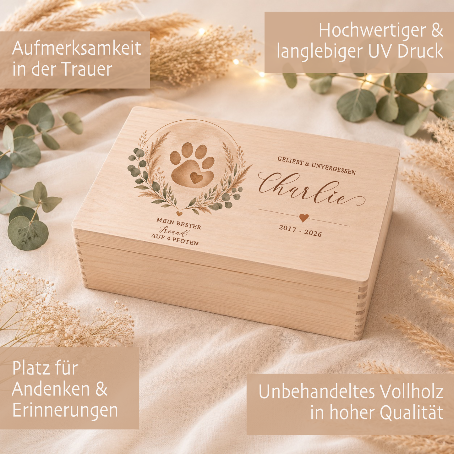 Personalisierte Erinnerungskiste Haustier mit Namen & Lebensdaten | Hund Katze Erinnerung | Gedenkbox Haustier | Geliebt & Unvergessen | Trauergeschenk Tier