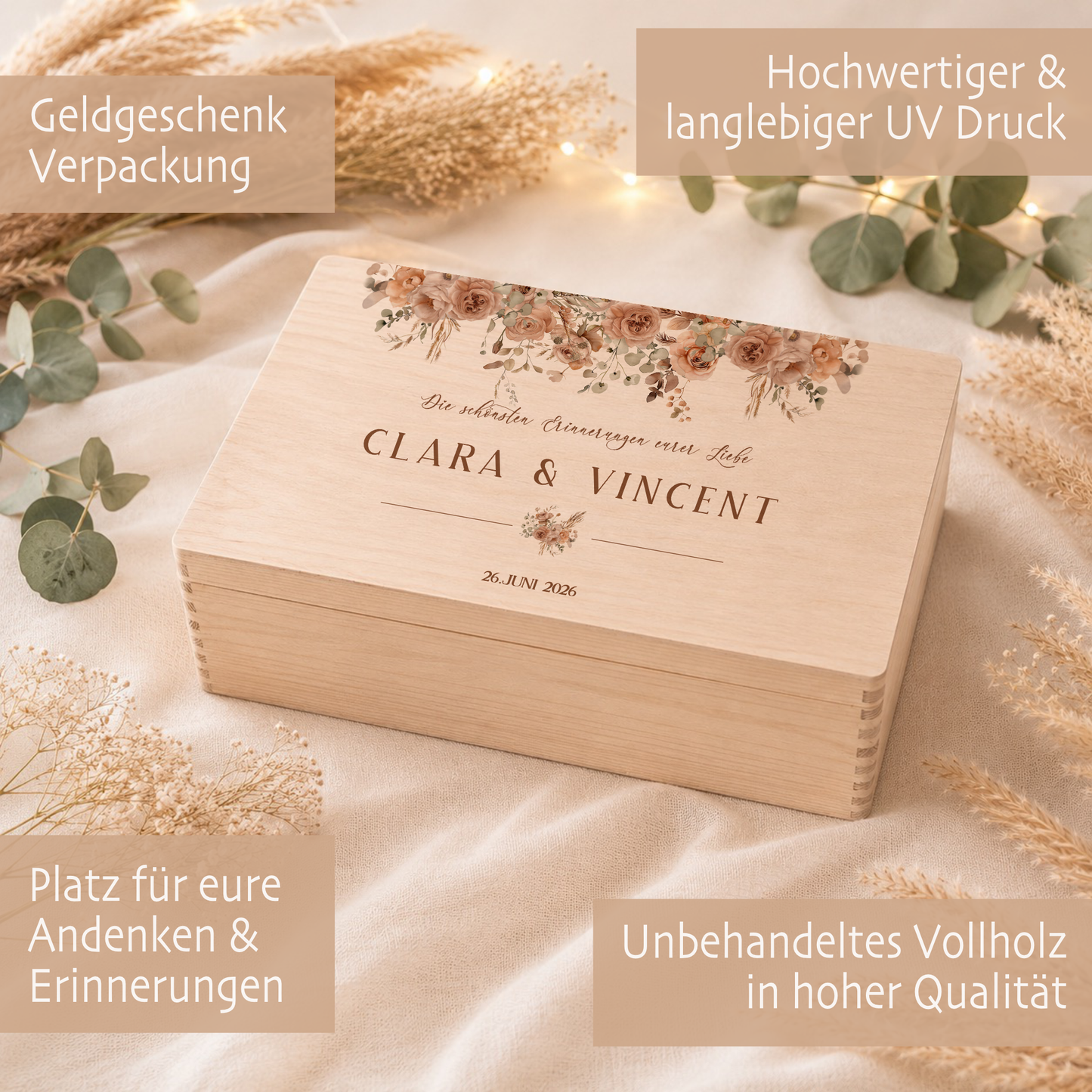Personalisierte Erinnerungskiste Hochzeit mit Namen & Datum | Hochzeitsgeschenk Brautpaar | Holzbox Hochzeit | Geldgeschenk Hochzeit Liebe