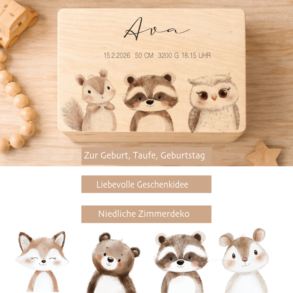 Personalisierte Holzkiste mit Name – Erinnerungskiste für Baby & Kind – Geschenk zur Geburt oder Taufe – 2 Motive & 2 Größen