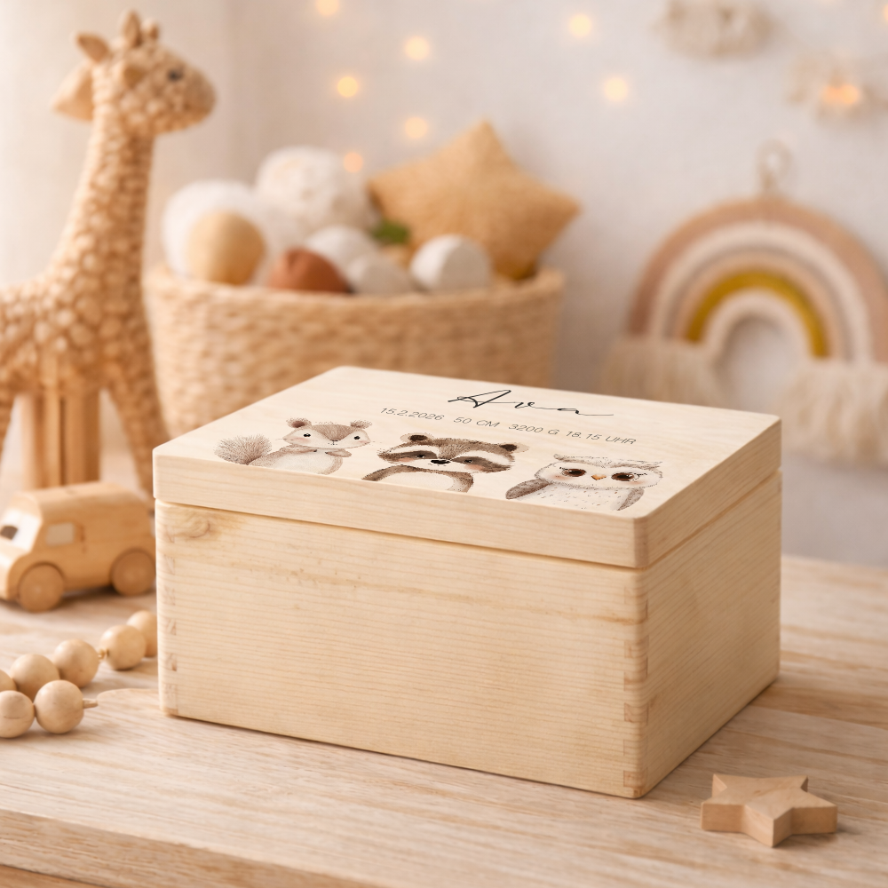 Personalisierte Holzkiste mit Name – Erinnerungskiste für Baby & Kind – Geschenk zur Geburt oder Taufe – 2 Motive & 2 Größen
