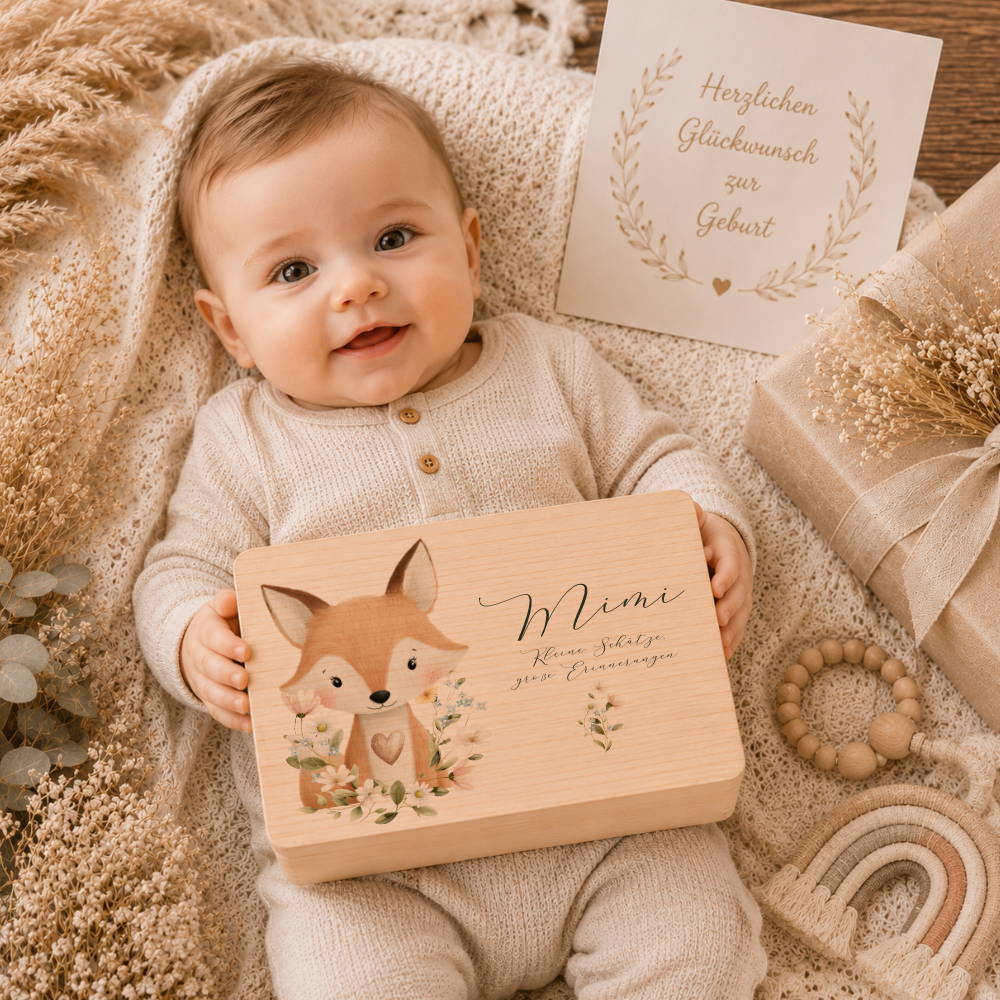 Personalisierte Erinnerungsbox aus Holz mit Namen – Süße Waldtiere Motive im Boho-Stil – Erinnerungskiste zur Geburt & Taufe