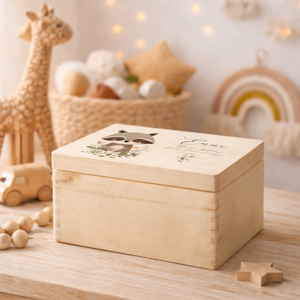 Personalisierte Erinnerungsbox aus Holz mit Namen – Süße Waldtiere Motive im Boho-Stil – Erinnerungskiste zur Geburt & Taufe