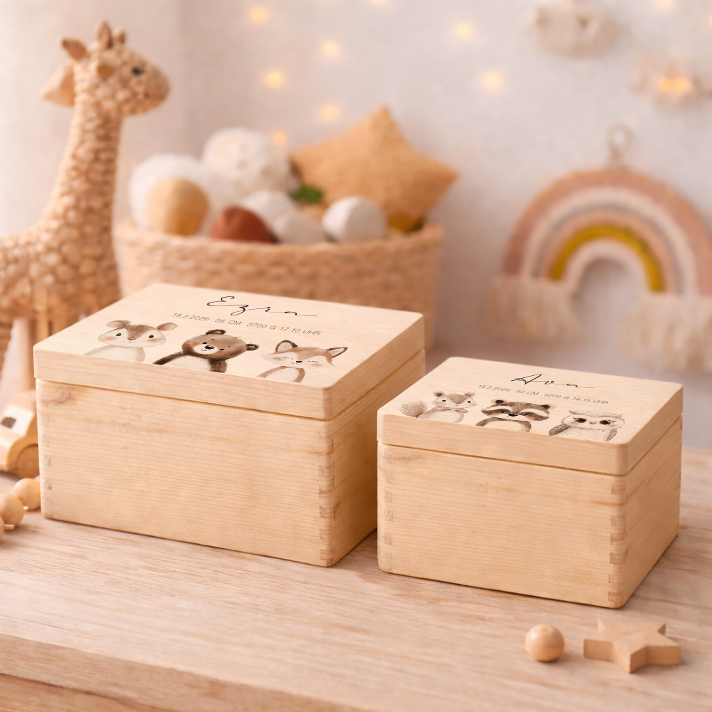 Personalisierte Holzkiste mit Name – Erinnerungskiste für Baby & Kind – Geschenk zur Geburt oder Taufe – 2 Motive & 2 Größen