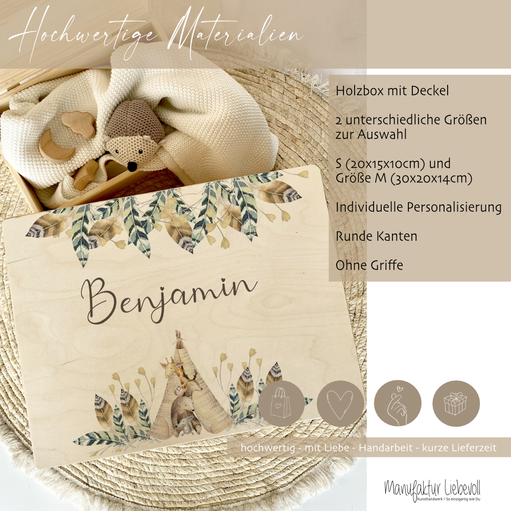 Personalisierte Erinnerungskiste "Boho Tiere" als Motiv für Babys zur Geburt und Taufe, Babygeschenk mit dem Namen, Holzkiste