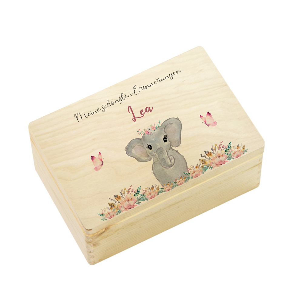 Personalisierte Erinnerungskiste "Elefant" als Motiv für Babys zur Geburt und Taufe, Babygeschenk mit dem Namen, Holzkiste