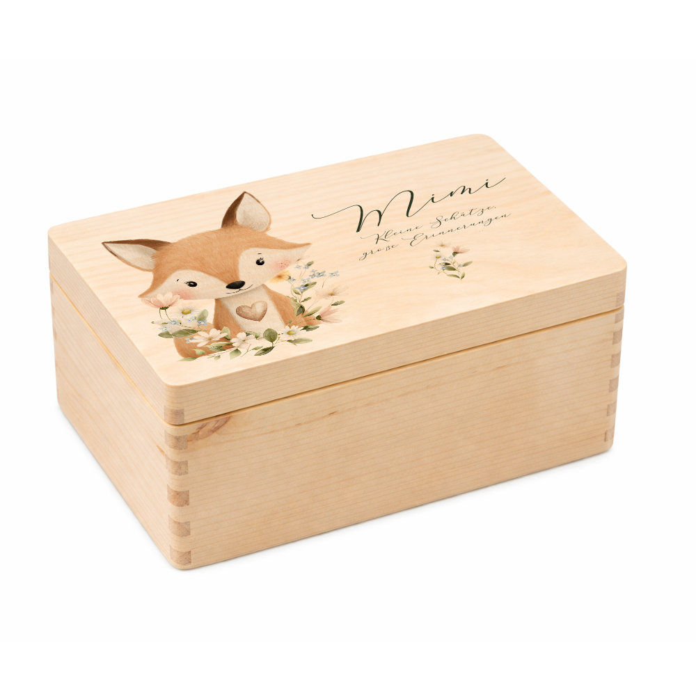 Personalisierte Erinnerungsbox aus Holz mit Namen – Süße Waldtiere Motive im Boho-Stil – Erinnerungskiste zur Geburt & Taufe