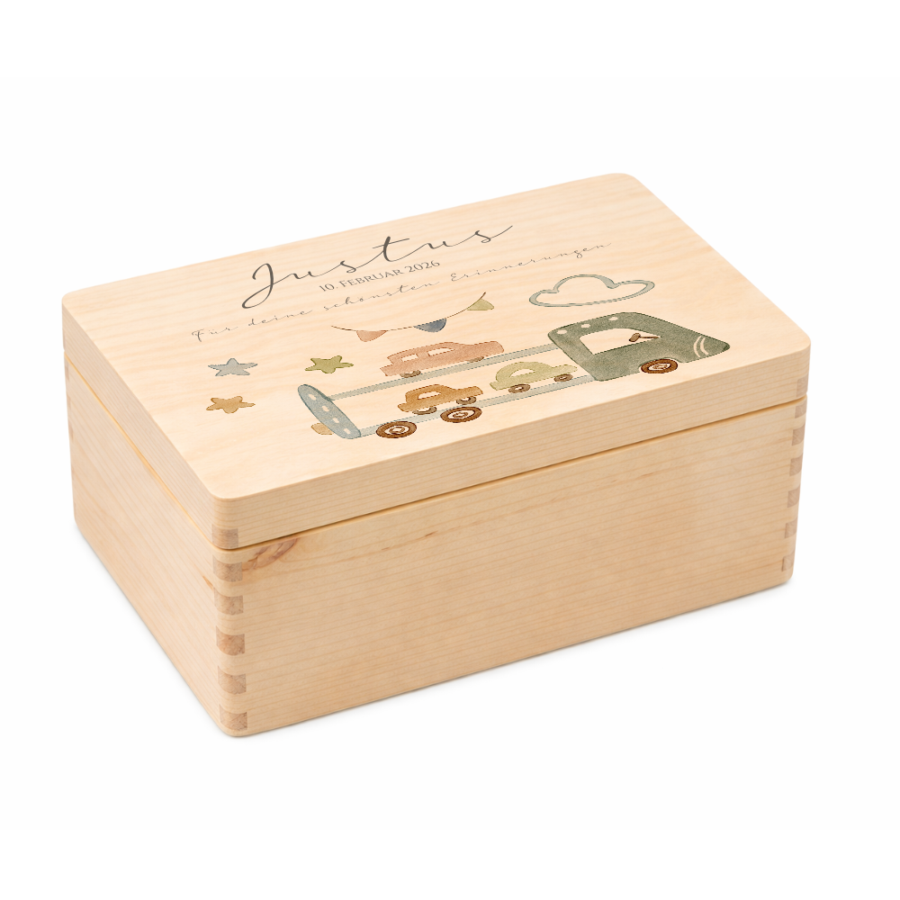 Personalisierte Holzkiste mit Name – Erinnerungskiste für Jungen mit Auto Motiv – Geschenk zur Geburt oder Taufe – 2 Größen
