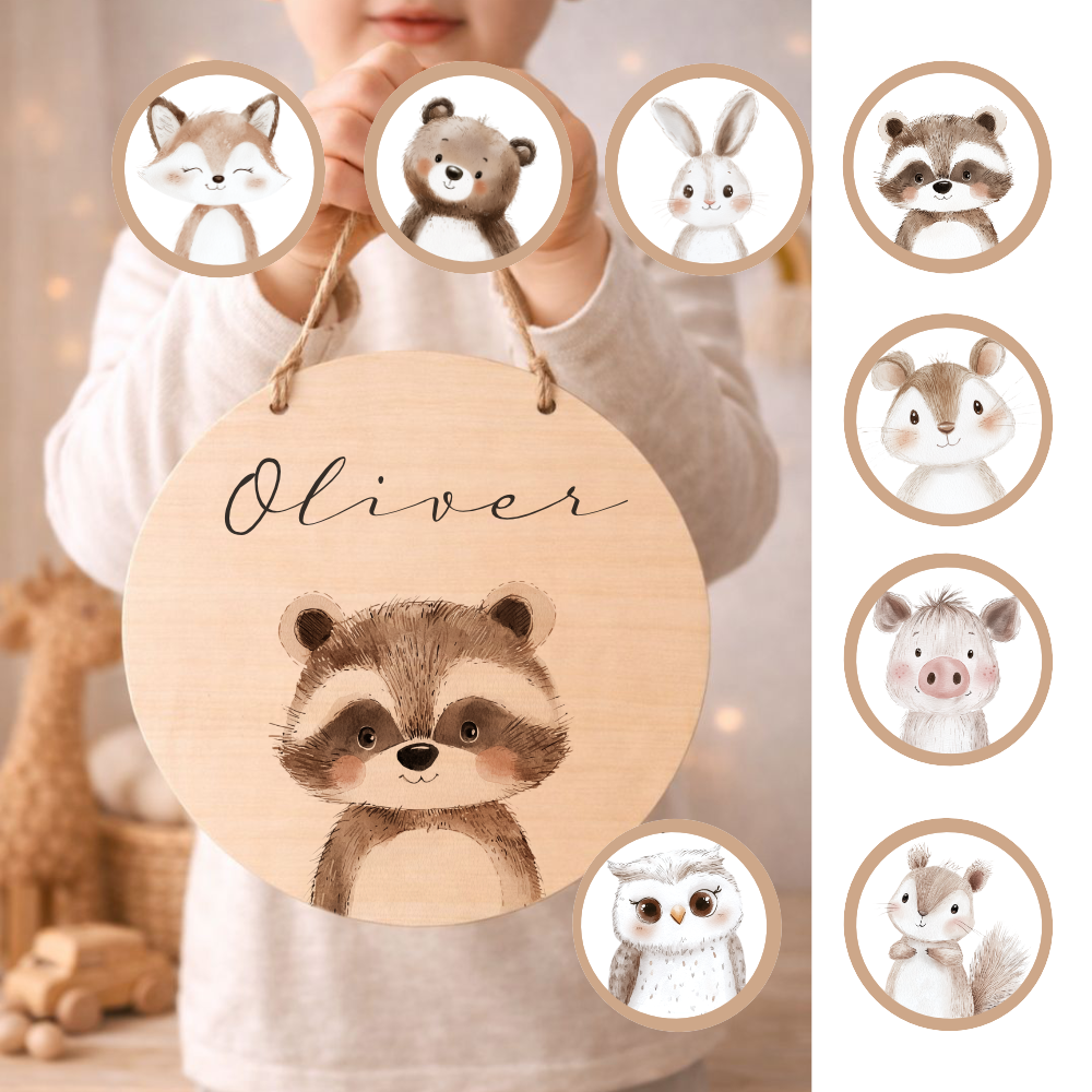 Personalisiertes Holzschild für Kinderzimmer – Türschild aus Holz mit Name & Tiermotiv – Geschenk zur Geburt & Taufe