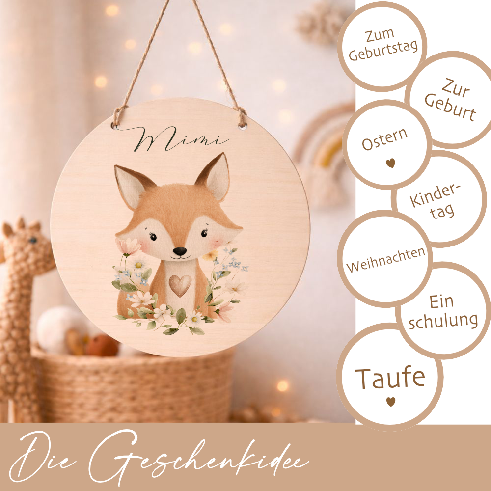 Personalisierte Holzschilder mit Namen – Süße Waldtiere Motive im Boho-Stil – Rundes Türschild & Wanddeko fürs Kinderzimmer 20cm