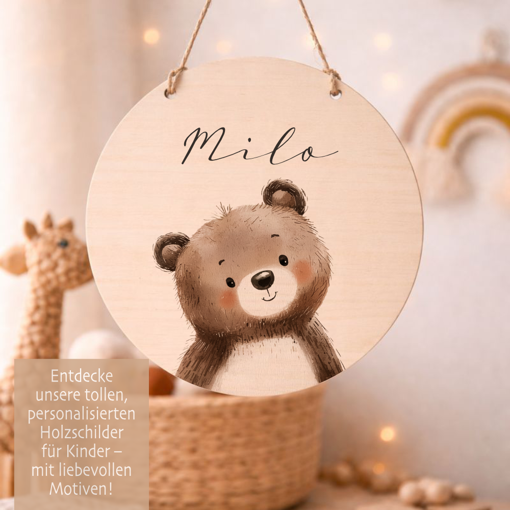 Personalisiertes Holzschild für Kinderzimmer – Türschild aus Holz mit Name & Tiermotiv – Geschenk zur Geburt & Taufe
