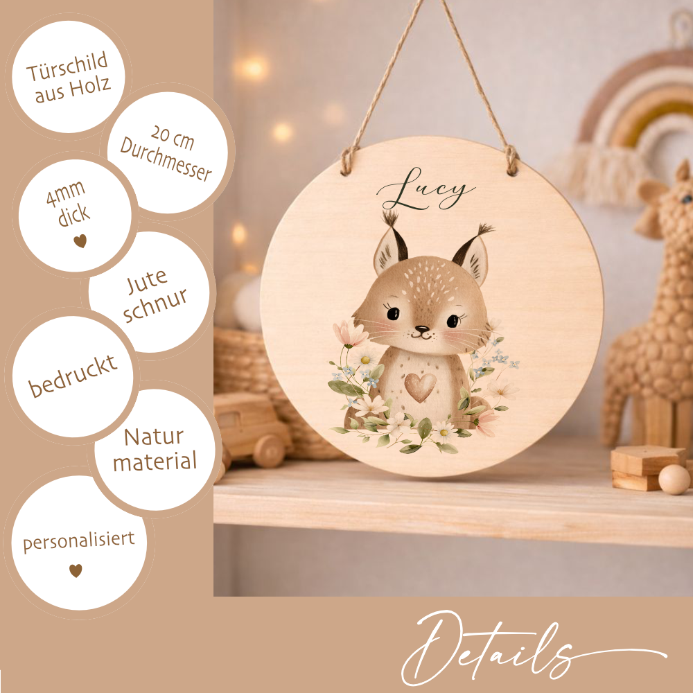 Personalisierte Holzschilder mit Namen – Süße Waldtiere Motive im Boho-Stil – Rundes Türschild & Wanddeko fürs Kinderzimmer 20cm