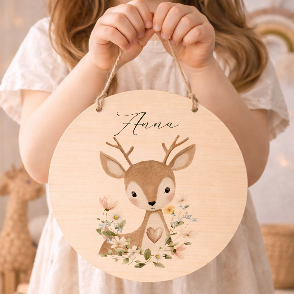 Personalisierte Holzschilder mit Namen – Süße Waldtiere Motive im Boho-Stil – Rundes Türschild & Wanddeko fürs Kinderzimmer 20cm