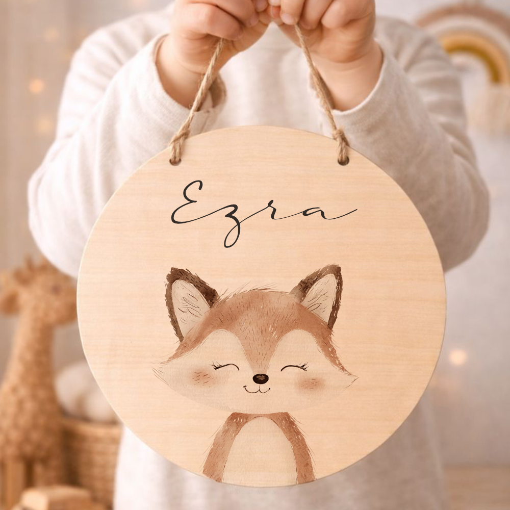 Personalisiertes Holzschild für Kinderzimmer – Türschild aus Holz mit Name & Tiermotiv – Geschenk zur Geburt & Taufe