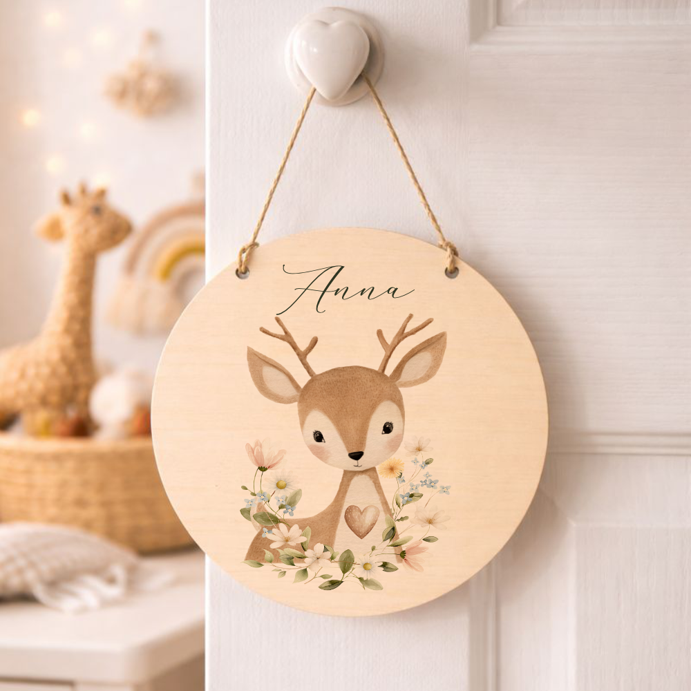 Personalisierte Holzschilder mit Namen – Süße Waldtiere Motive im Boho-Stil – Rundes Türschild & Wanddeko fürs Kinderzimmer 20cm