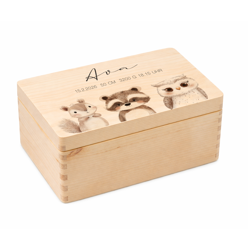 Personalisierte Holzkiste mit Name – Erinnerungskiste für Baby & Kind – Geschenk zur Geburt oder Taufe – 2 Motive & 2 Größen