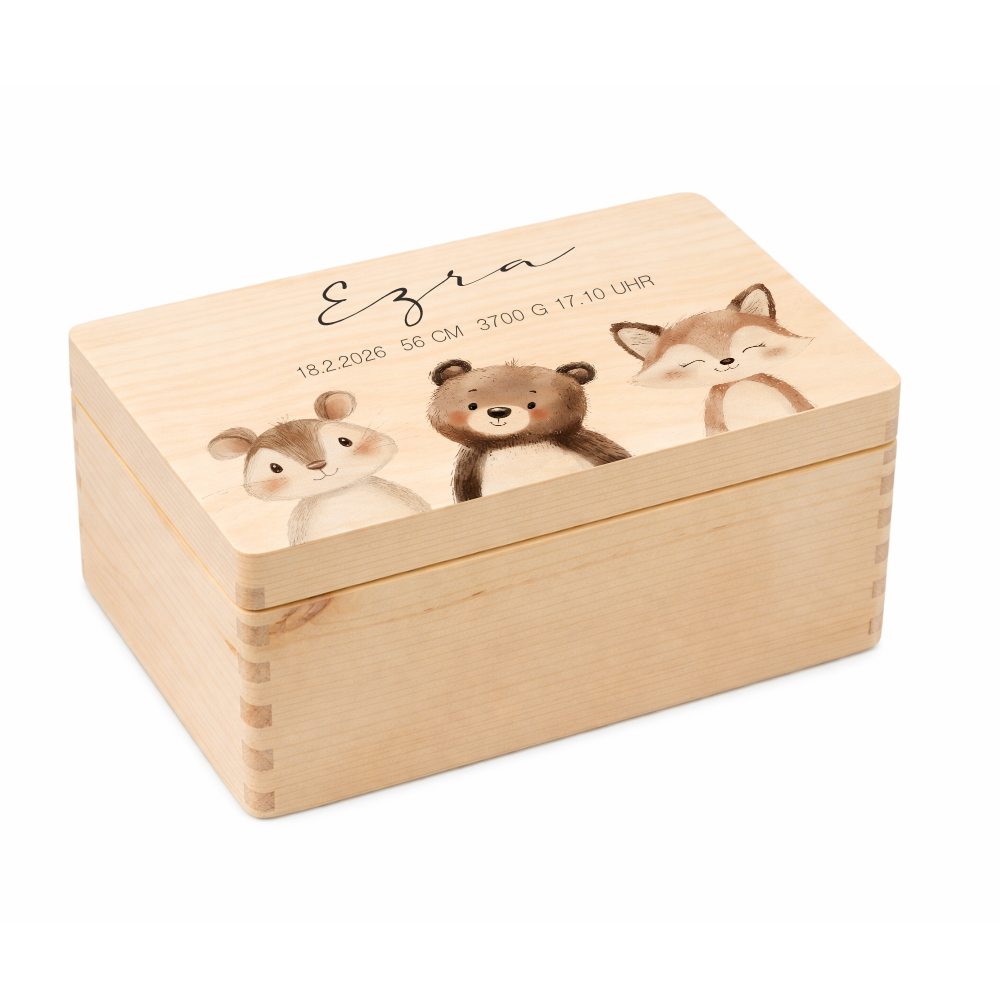Personalisierte Holzkiste mit Name – Erinnerungskiste für Baby & Kind – Geschenk zur Geburt oder Taufe – 2 Motive & 2 Größen