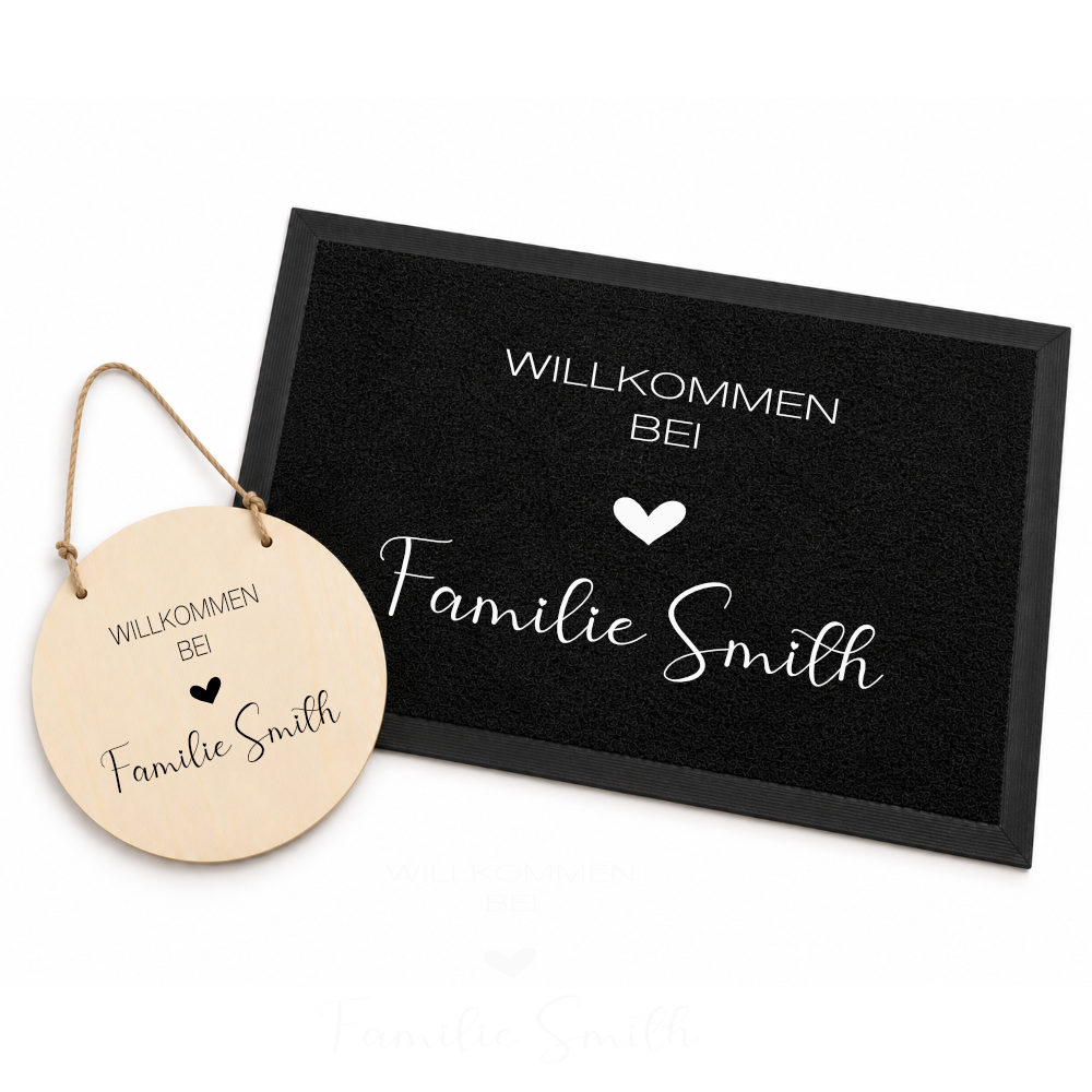 Personalisierte Fußmatte & Türschild aus Holz – Willkommen bei Familie