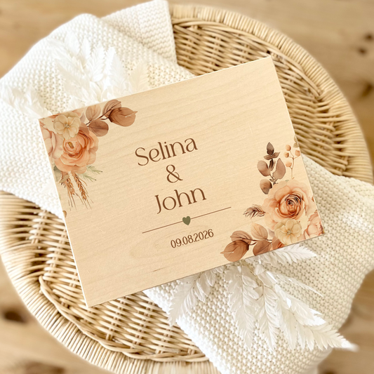 Erinnerungskiste mit Namen zur Hochzeit, florale Holzbox als Geschenk für das Brautpaar, Hochzeitsgeschenk