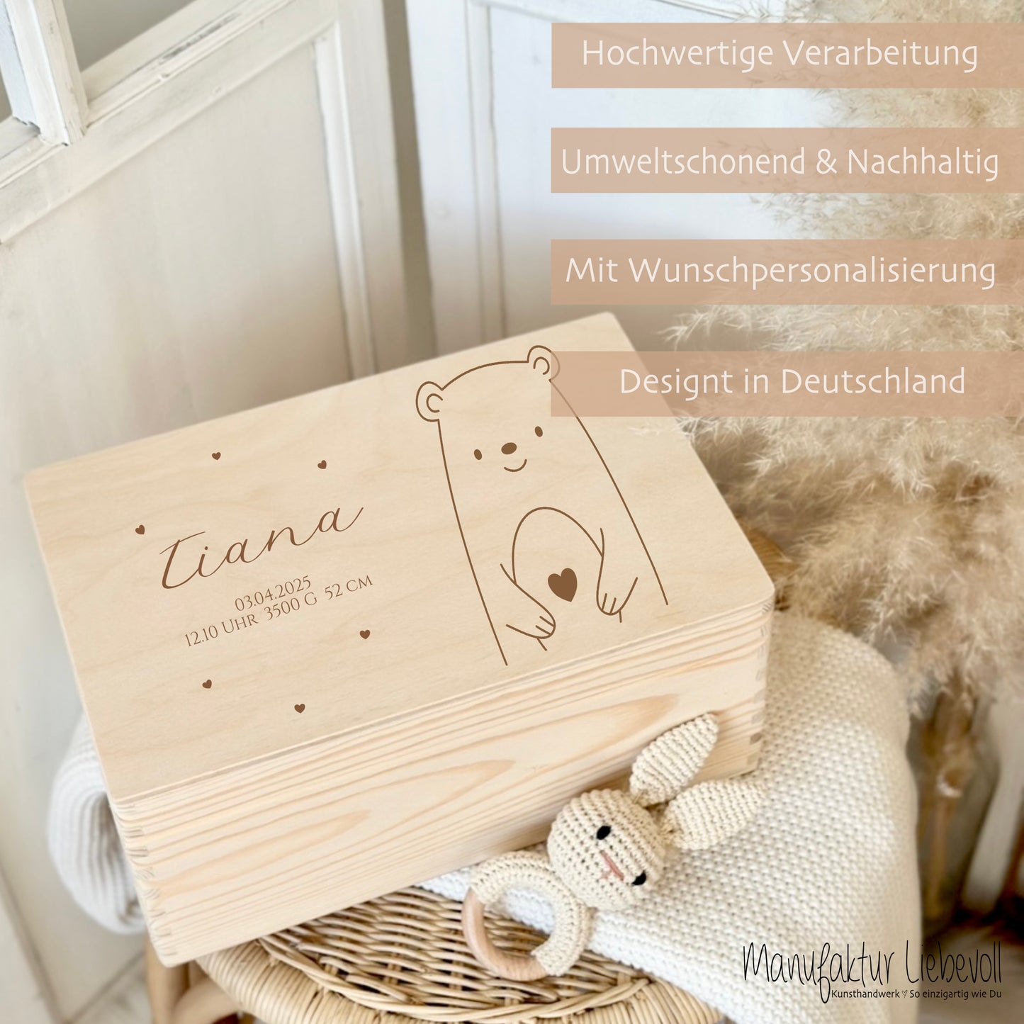 Erinnerungsbox Baby Personalisiert Baby Erinnerungskiste aus Holz Babygeschenk Geschenk zur Geburt Taufe Geburtsgeschenk Taufgeschenk Mädchen Junge