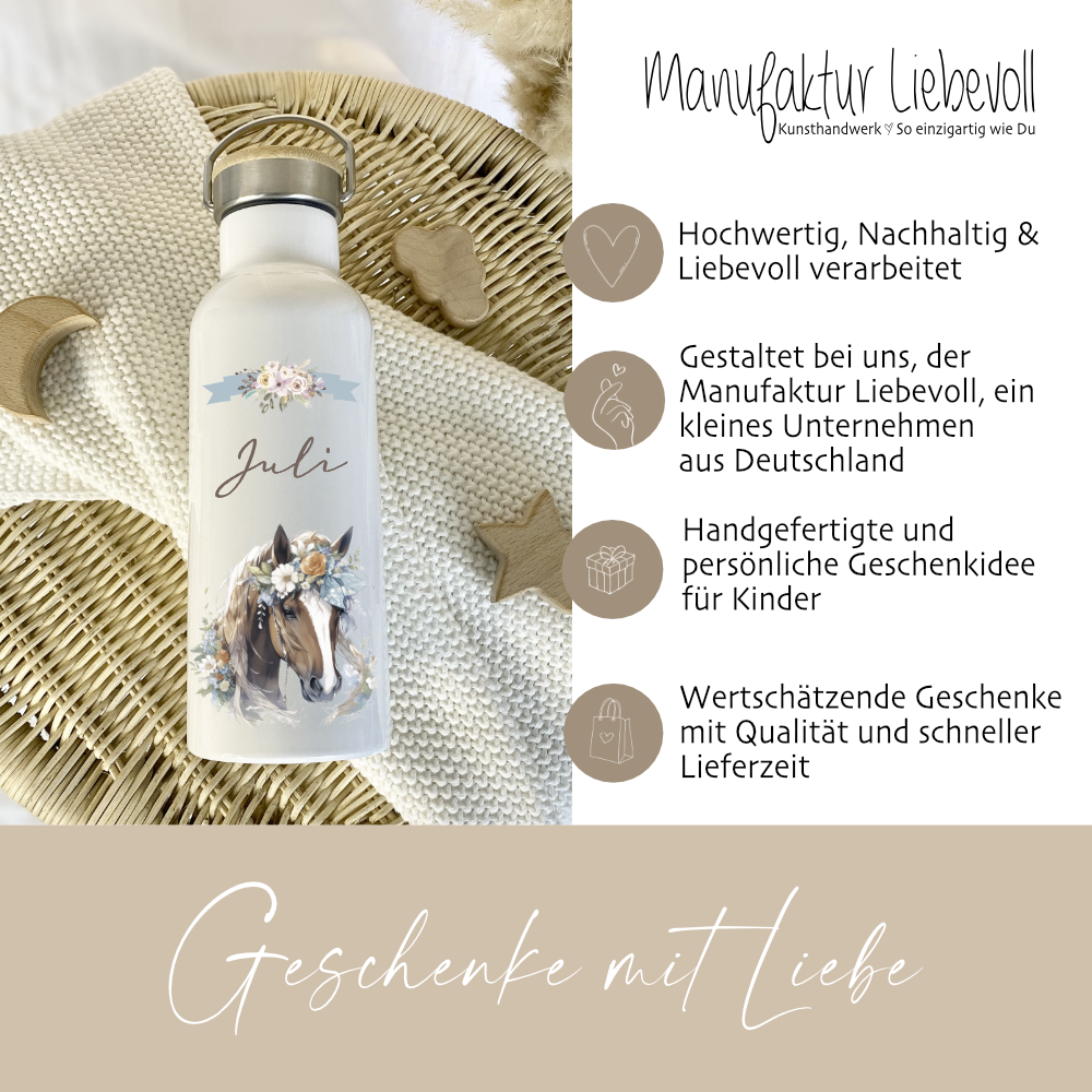 Kinder Trinkflasche mit Pony Pferdemotiv für Mädchen als Geschenkidee