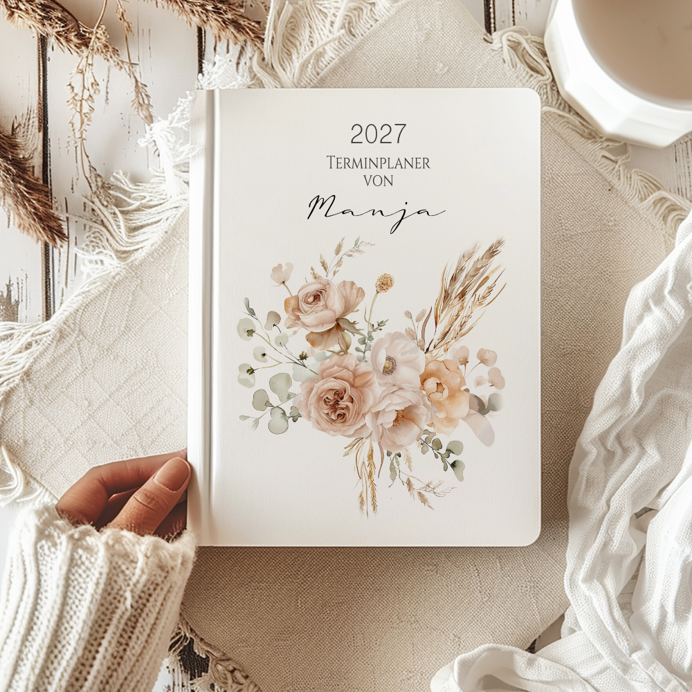 Personalisierter Terminplaner 2027 Din A5 | Hardcover Buchkalender mit Name | Florales & Boho Design