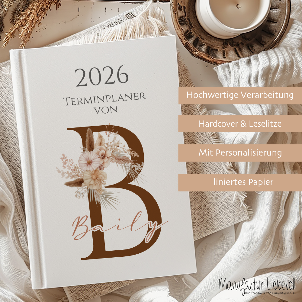 Personaliserter Buchkalender 2026 Din A5 | Hardcover Terminplaner mit Name | Wochenplaner Weiß