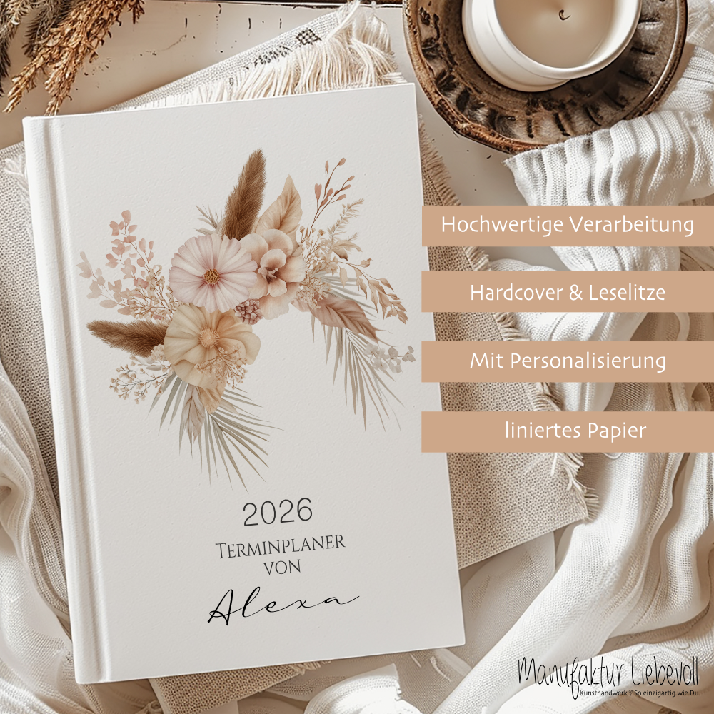 Personalisierter Terminplaner 2026 Din A5 | Hardcover Buchkalender mit Name | Florales & Boho Design