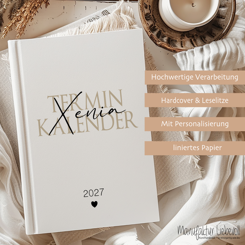 Personalisierter Terminplaner 2027 Din A5 | Hardcover Buchkalender mit Name | Weißes Cover, Modernes Design