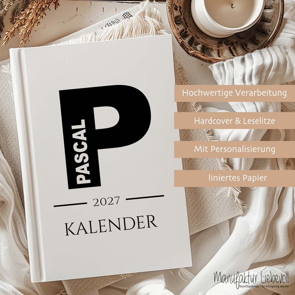 Personalisierter Terminplaner 2027 Din A5 | Minimalistischer Buchkalender mit Name | Weißes Hardcover – Manufaktur Liebevoll