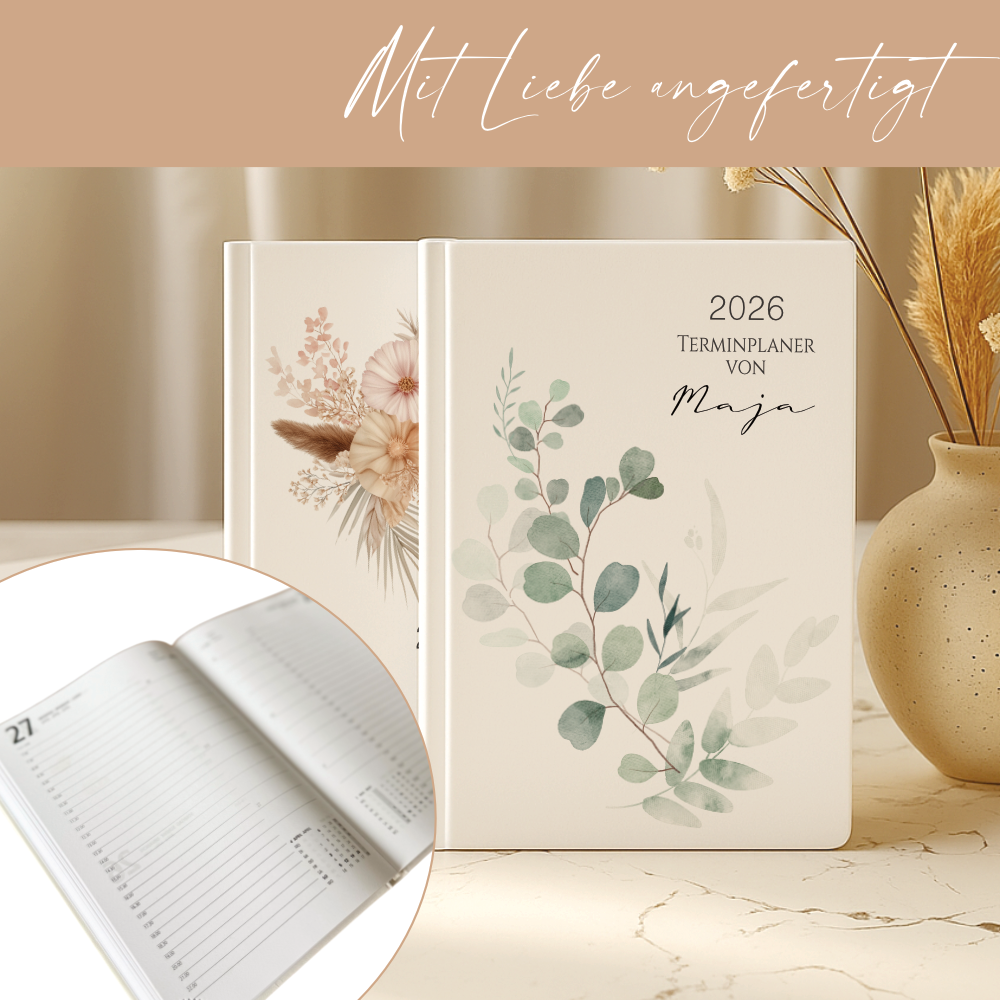 Personalisierter Terminplaner 2026 Din A5 | Hardcover Buchkalender mit Name | Florales & Boho Design