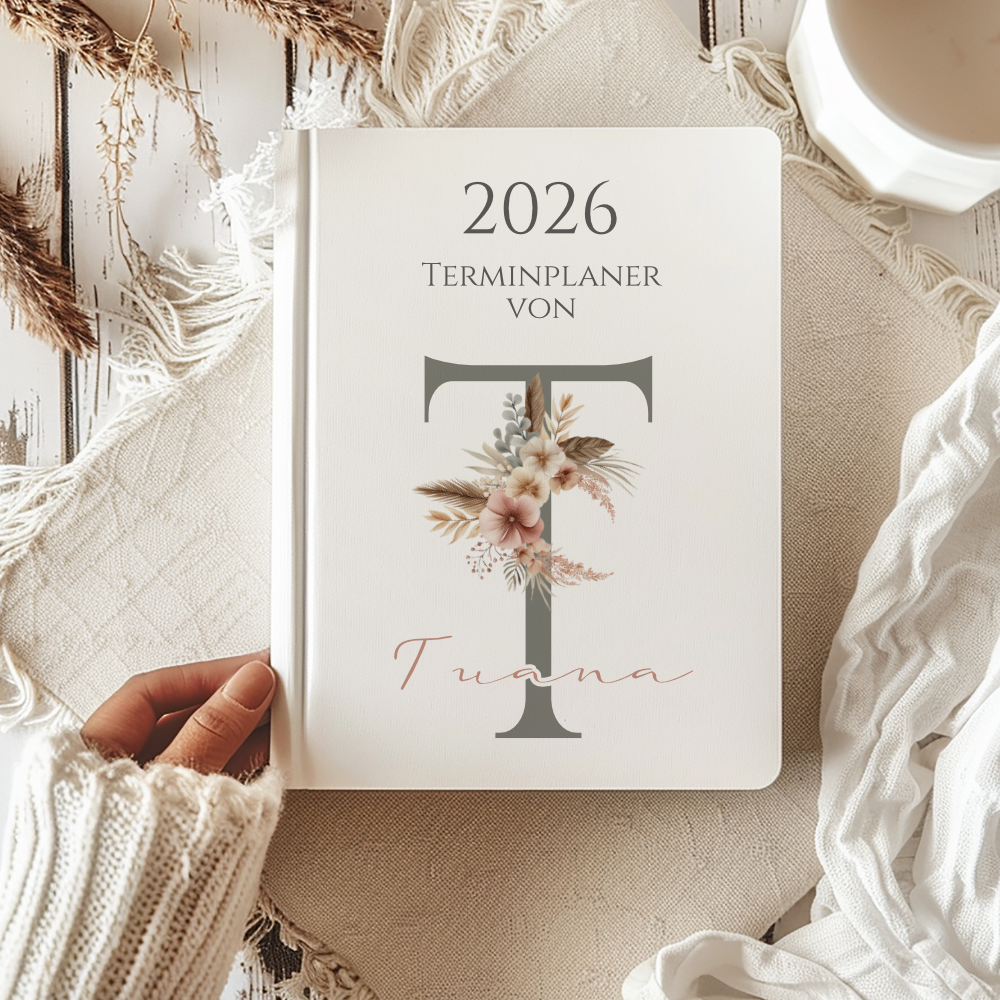 Personaliserter Buchkalender 2026 Din A5 | Hardcover Terminplaner mit Name | Wochenplaner Weiß