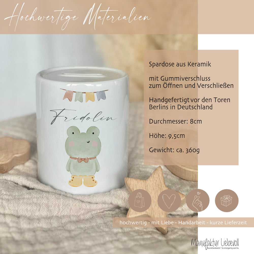 Spardose Frosch - Personalisierte Kinderspardose aus Keramik mit dem Namen des Kindes