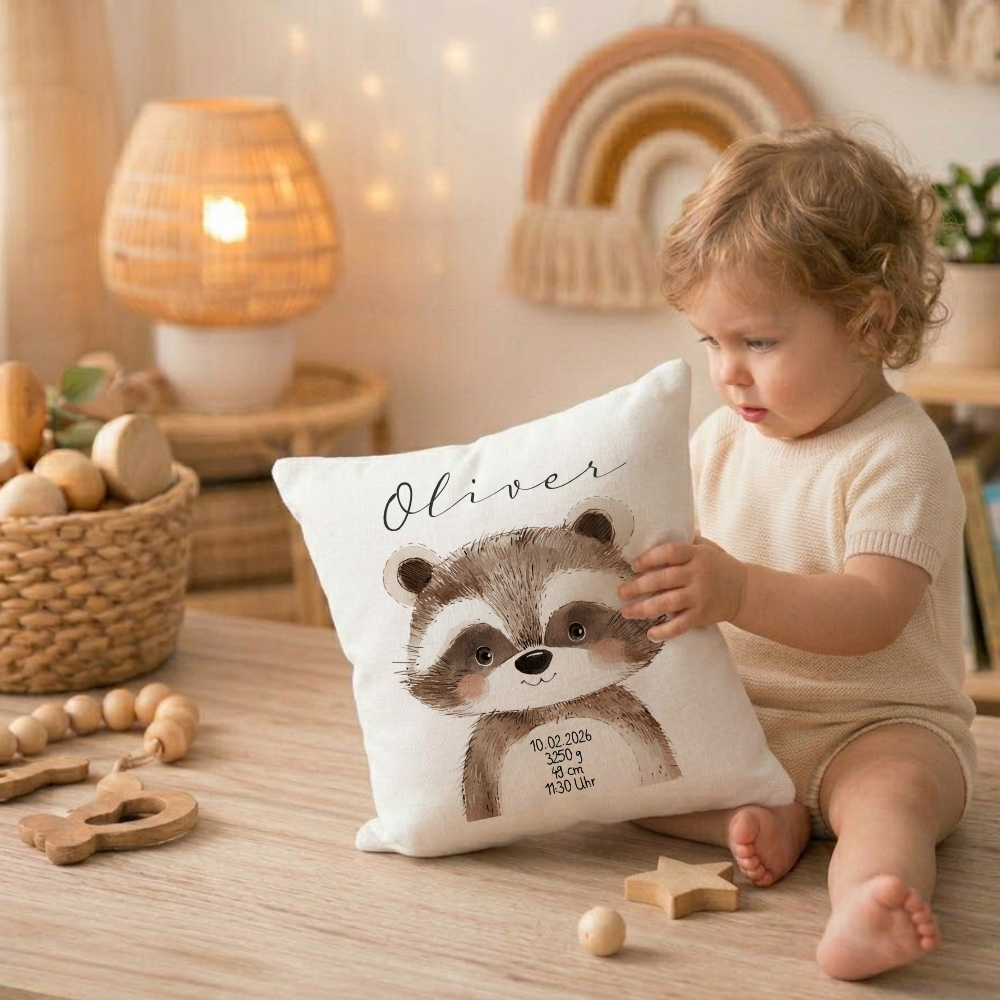 Personalisiertes flauschiges Babykissen mit Geburtsdaten – Waldtiere 40x40cm inkl. Füllung