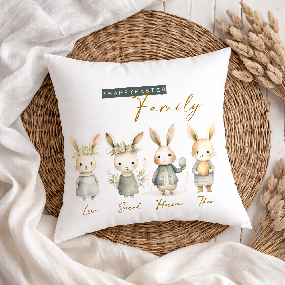 Personalisiertes Osterkissen mit Namen – Familienkissen mit Hasen – Osterdeko 40x40 – Geschenk für Kinder, Eltern & Großeltern – Kissenbezug mit oder ohne Füllung