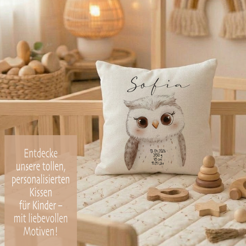 Personalisiertes flauschiges Babykissen mit Geburtsdaten – Waldtiere 40x40cm inkl. Füllung